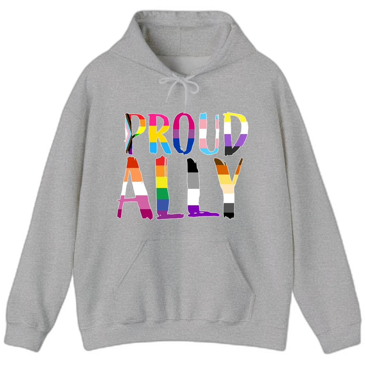 Colorful block letters spelling PROUD filled with rainbow pride flag stripes and patterns including trans and progress pride designs in Sport Grey