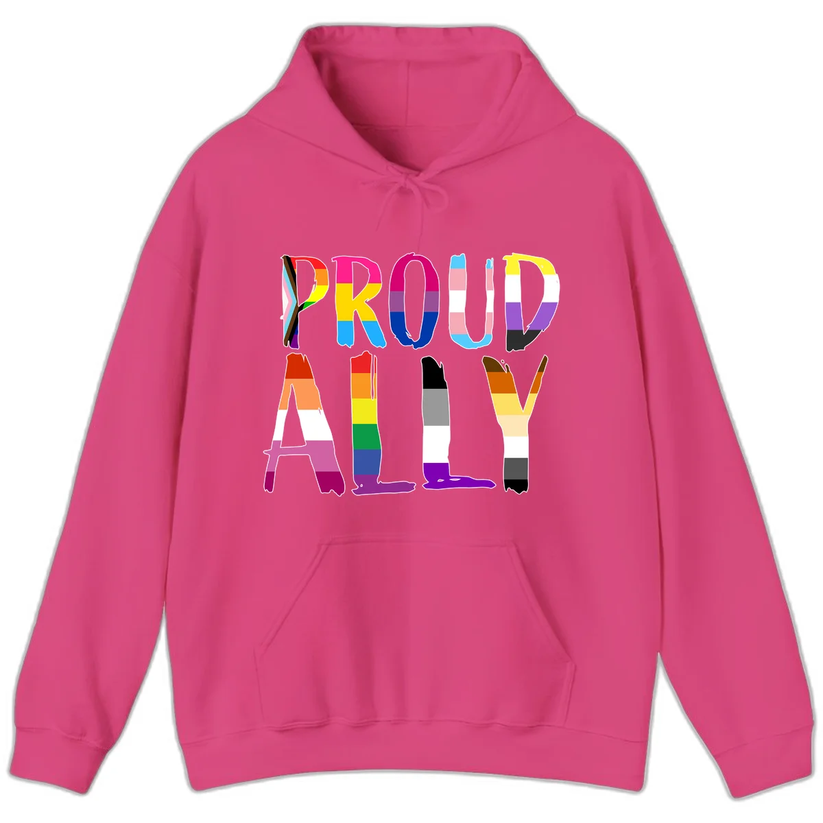 Colorful block letters spelling PROUD filled with rainbow pride flag stripes and patterns including trans and progress pride designs in Heliconia