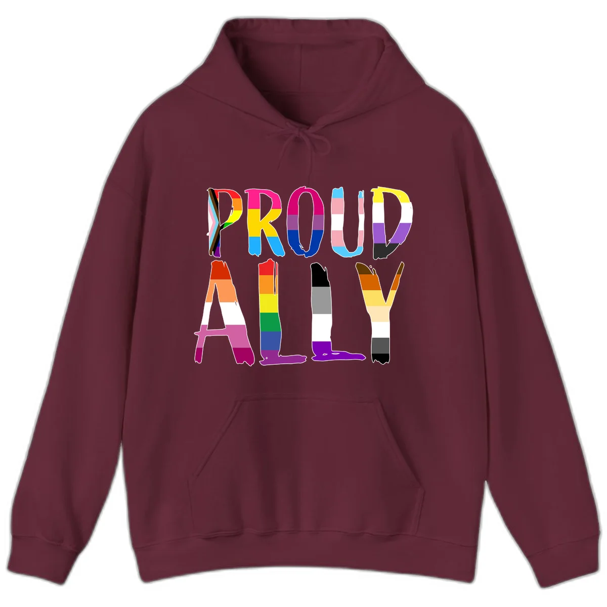 Colorful block letters spelling PROUD filled with rainbow pride flag stripes and patterns including trans and progress pride designs in Maroon