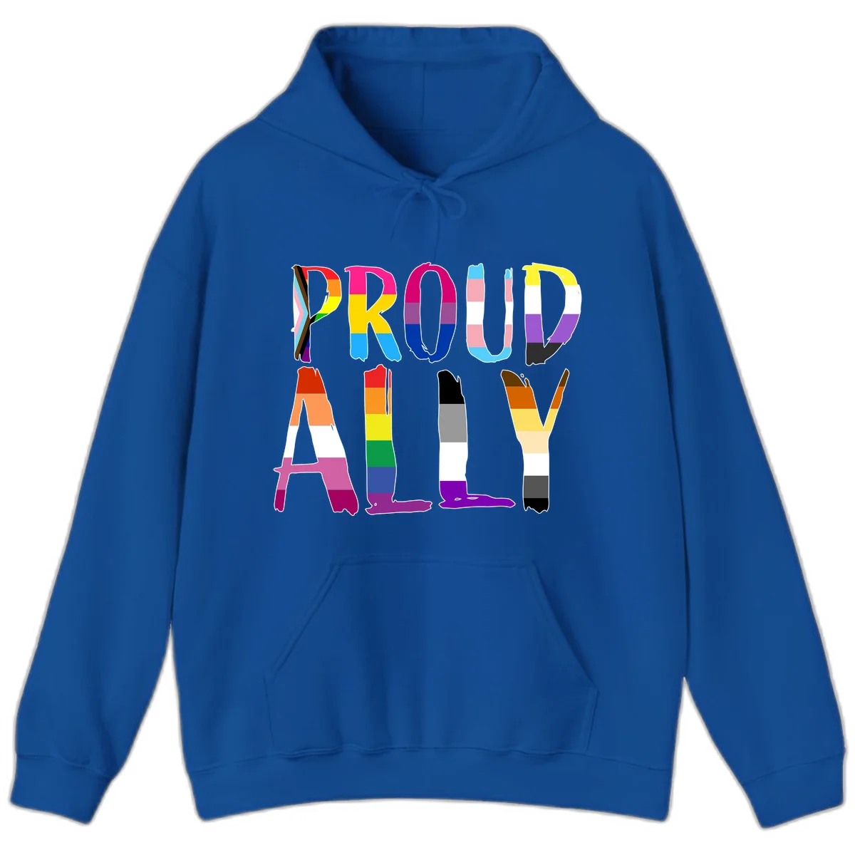 Colorful block letters spelling PROUD filled with rainbow pride flag stripes and patterns including trans and progress pride designs in Royal