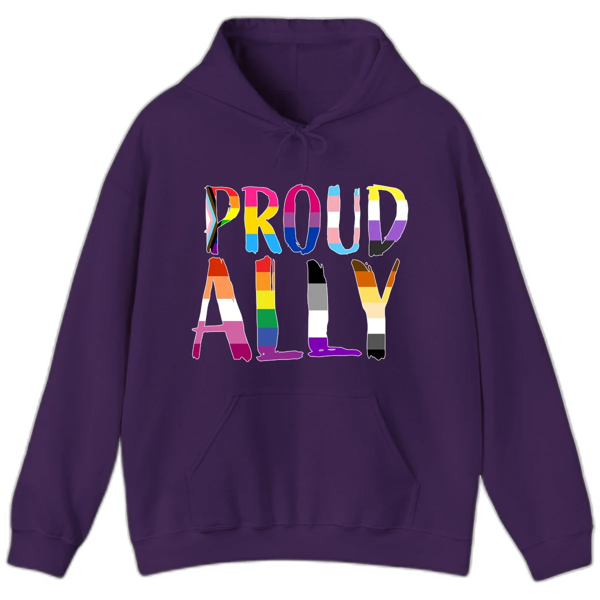 Colorful block letters spelling PROUD filled with rainbow pride flag stripes and patterns including trans and progress pride designs in Purple