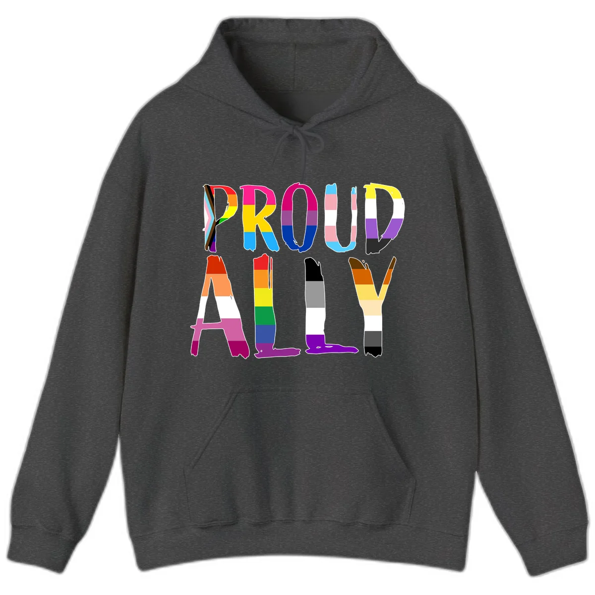 Colorful block letters spelling PROUD filled with rainbow pride flag stripes and patterns including trans and progress pride designs in Dark Heather