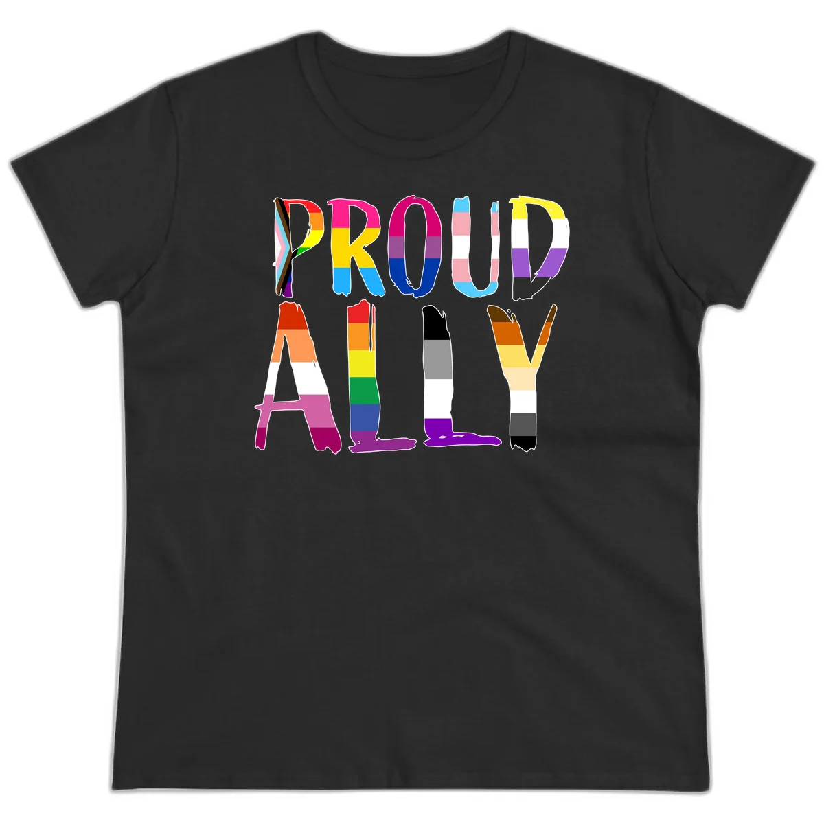 Colorful block letters spelling PROUD filled with rainbow pride flag stripes and patterns including trans and progress pride designs in Black