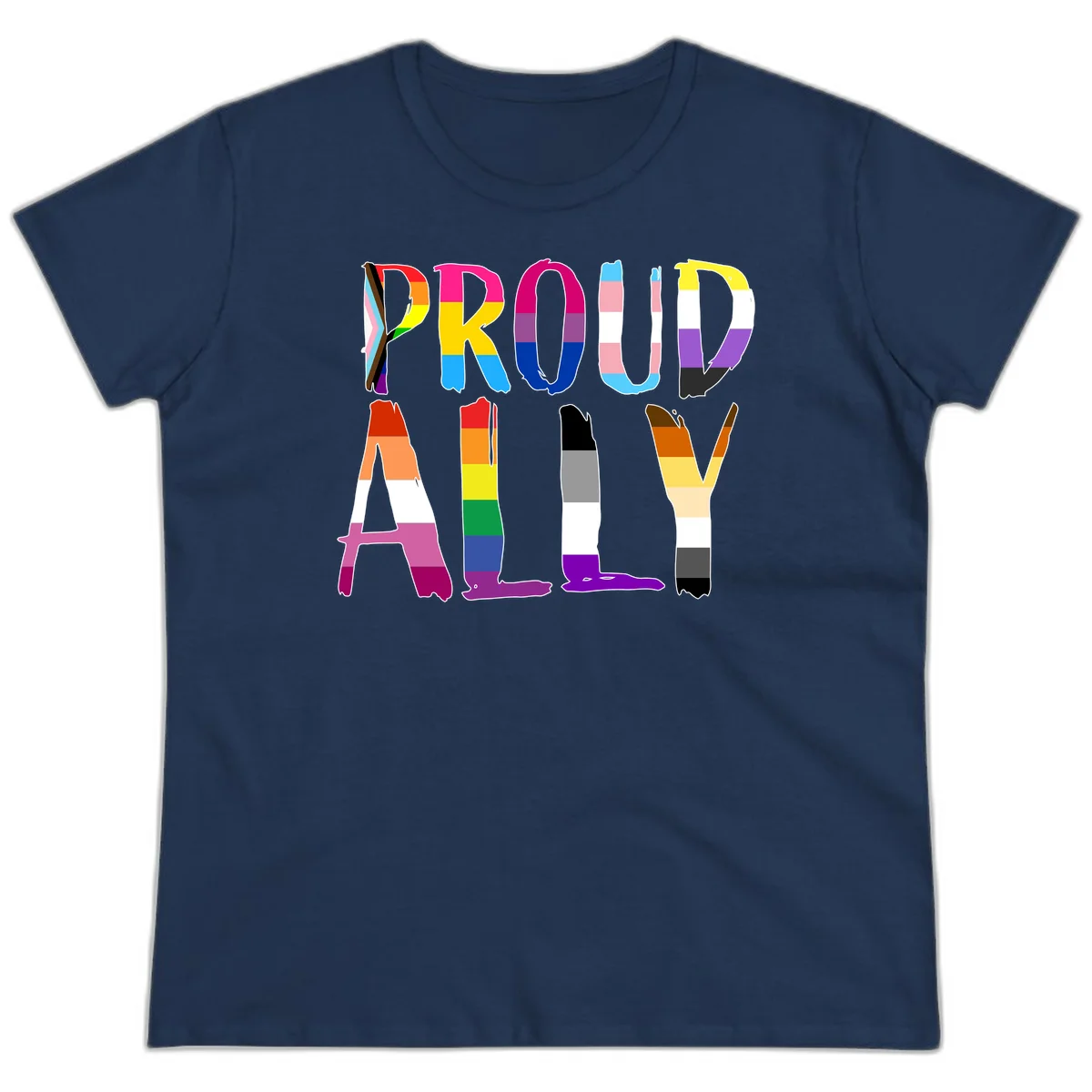 Colorful block letters spelling PROUD filled with rainbow pride flag stripes and patterns including trans and progress pride designs in Navy