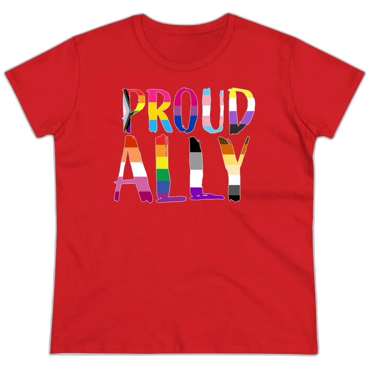 Colorful block letters spelling PROUD filled with rainbow pride flag stripes and patterns including trans and progress pride designs in Red