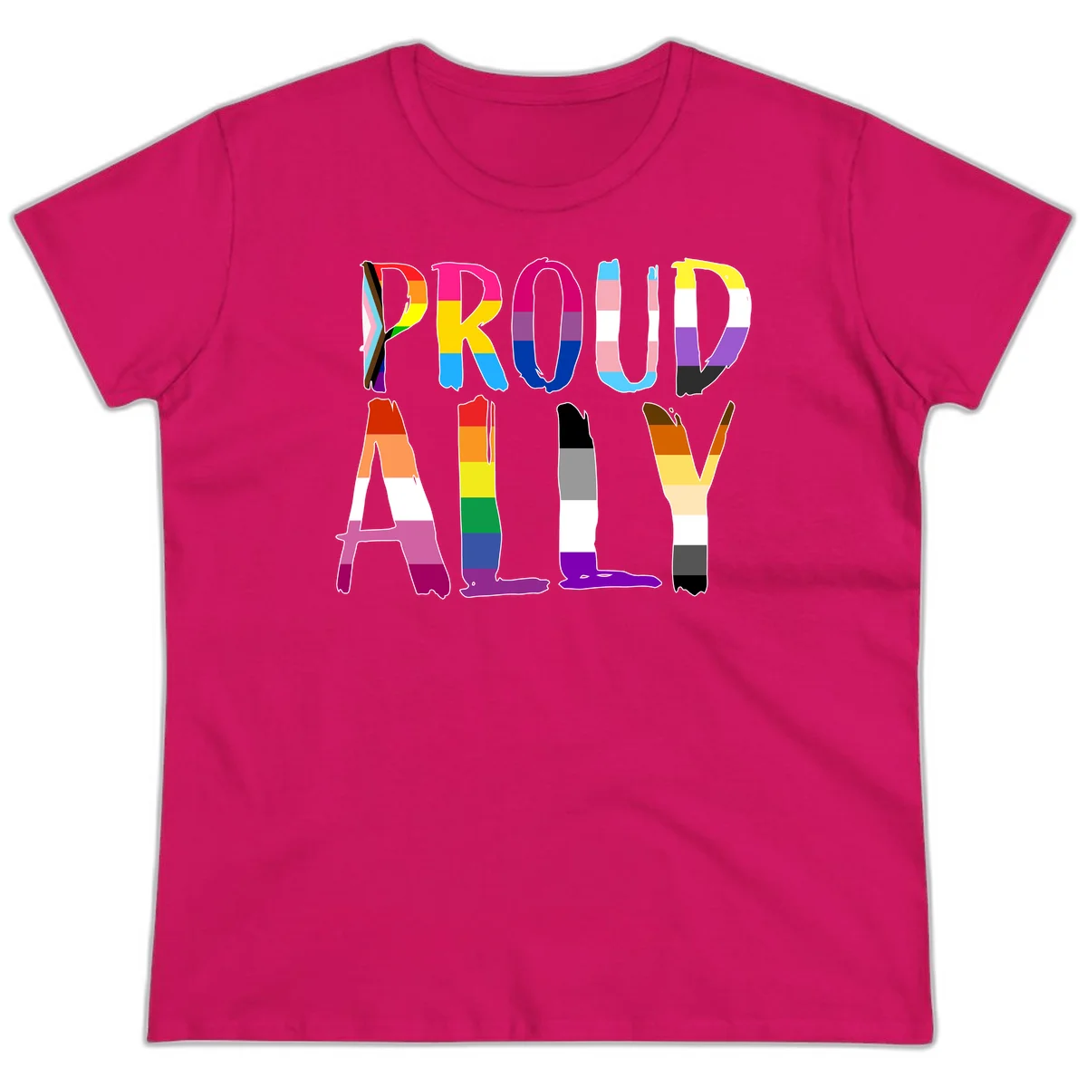 Colorful block letters spelling PROUD filled with rainbow pride flag stripes and patterns including trans and progress pride designs in Heliconia