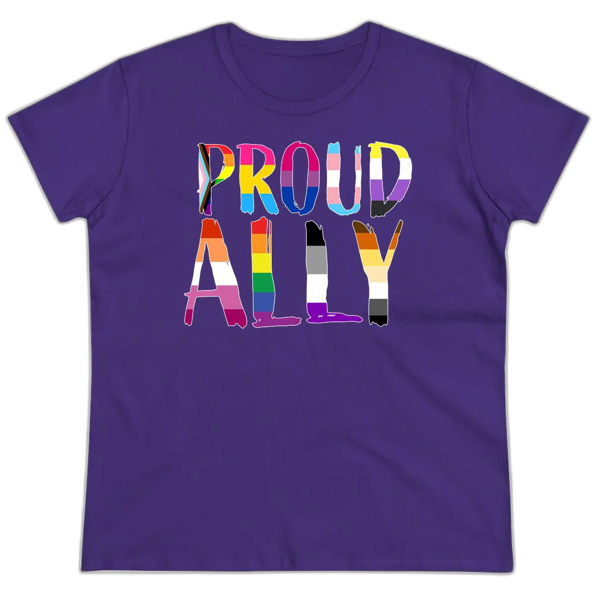 Colorful block letters spelling PROUD filled with rainbow pride flag stripes and patterns including trans and progress pride designs in Purple