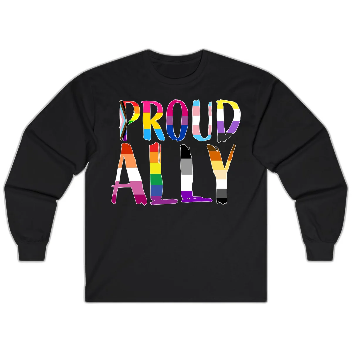 Colorful block letters spelling PROUD filled with rainbow pride flag stripes and patterns including trans and progress pride designs in Black