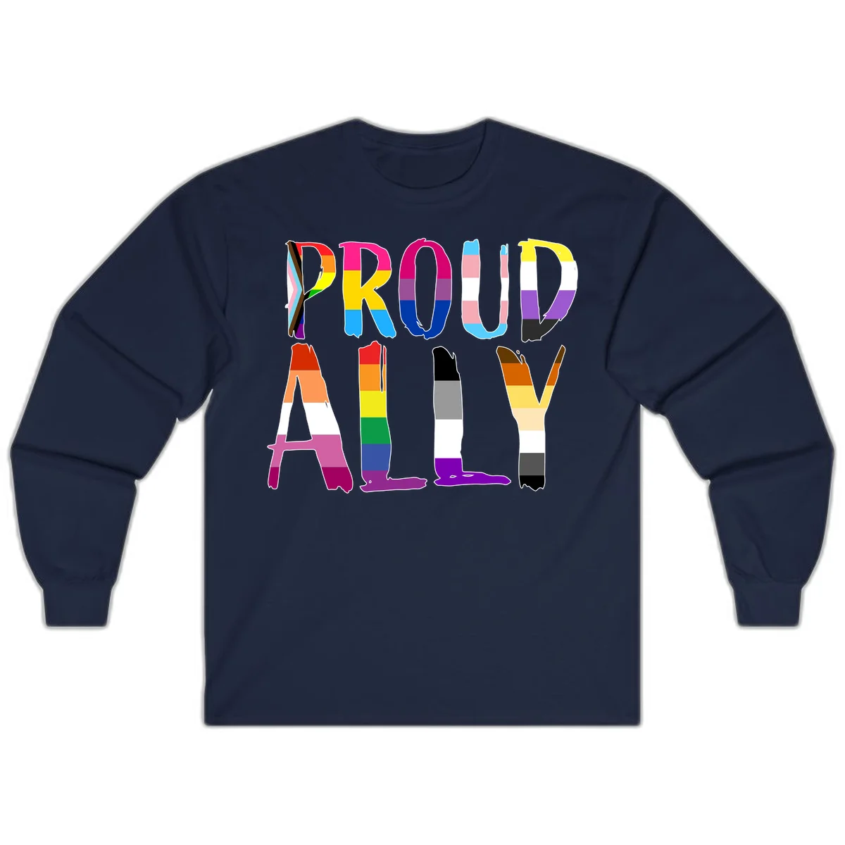 Colorful block letters spelling PROUD filled with rainbow pride flag stripes and patterns including trans and progress pride designs in Navy