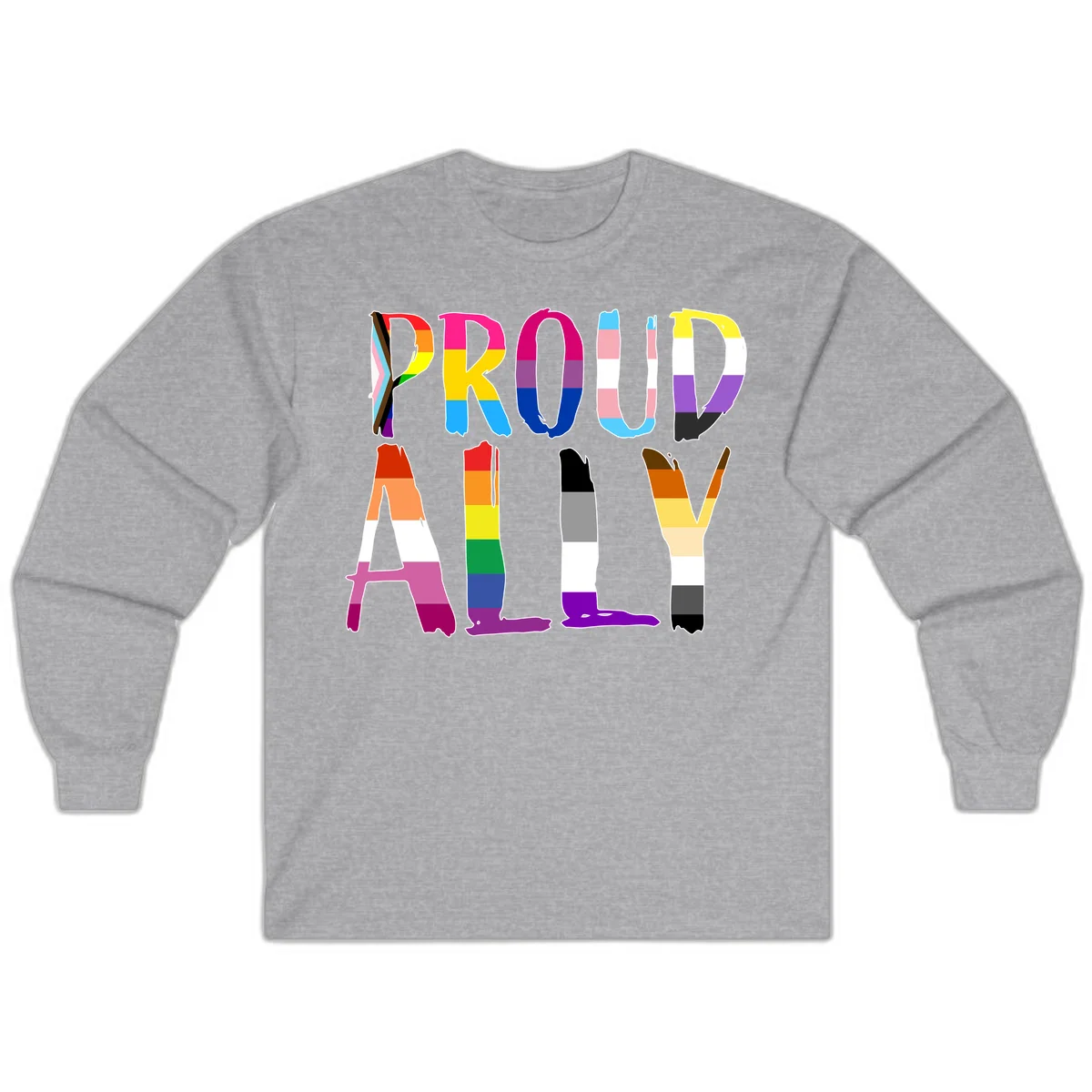 Colorful block letters spelling PROUD filled with rainbow pride flag stripes and patterns including trans and progress pride designs in Sport Grey