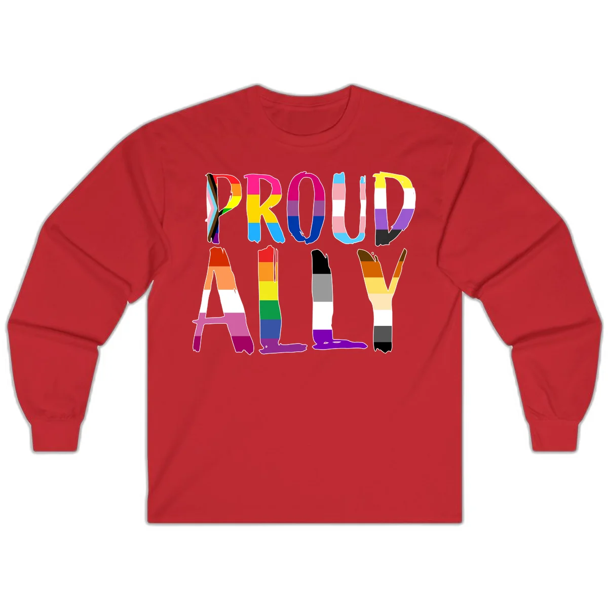 Colorful block letters spelling PROUD filled with rainbow pride flag stripes and patterns including trans and progress pride designs in Red