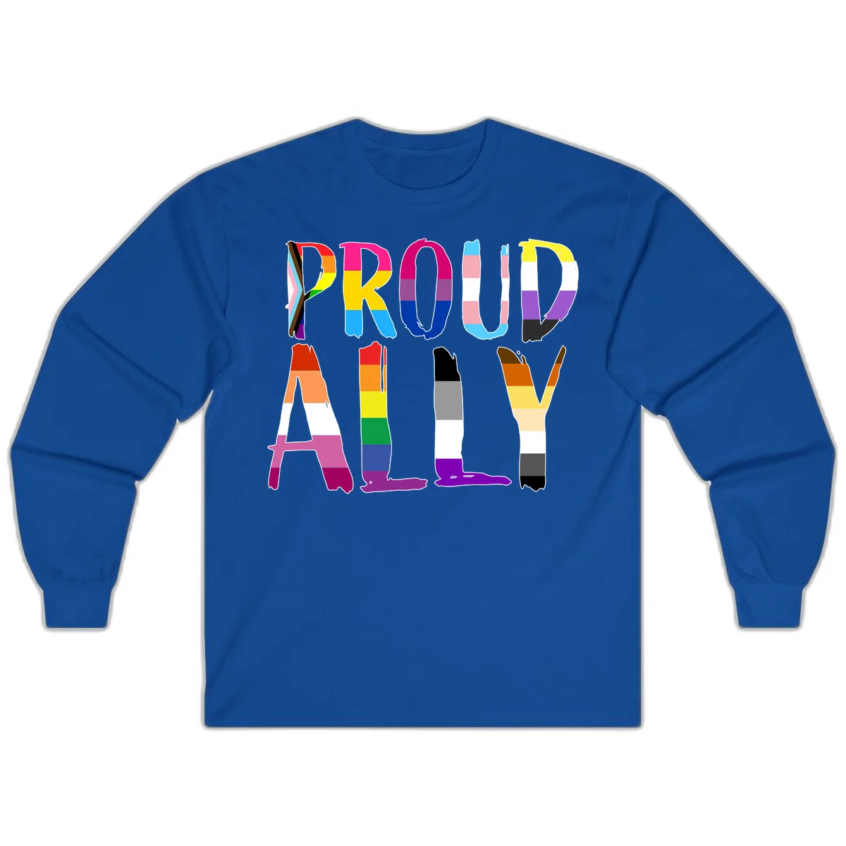 Colorful block letters spelling PROUD filled with rainbow pride flag stripes and patterns including trans and progress pride designs in Royal