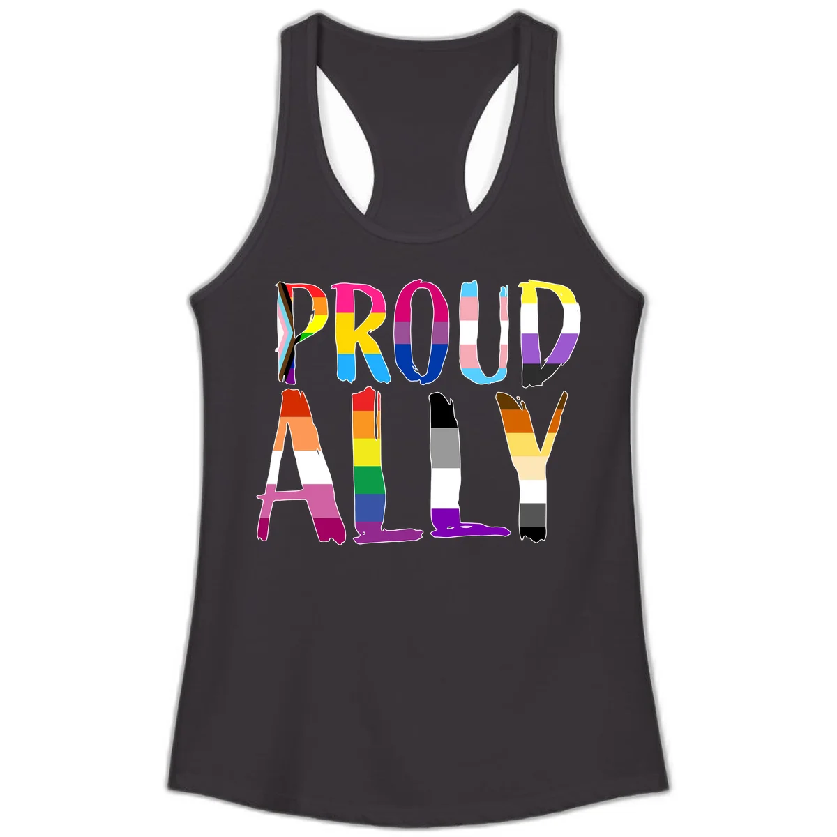 Colorful block letters spelling PROUD filled with rainbow pride flag stripes and patterns including trans and progress pride designs in Black