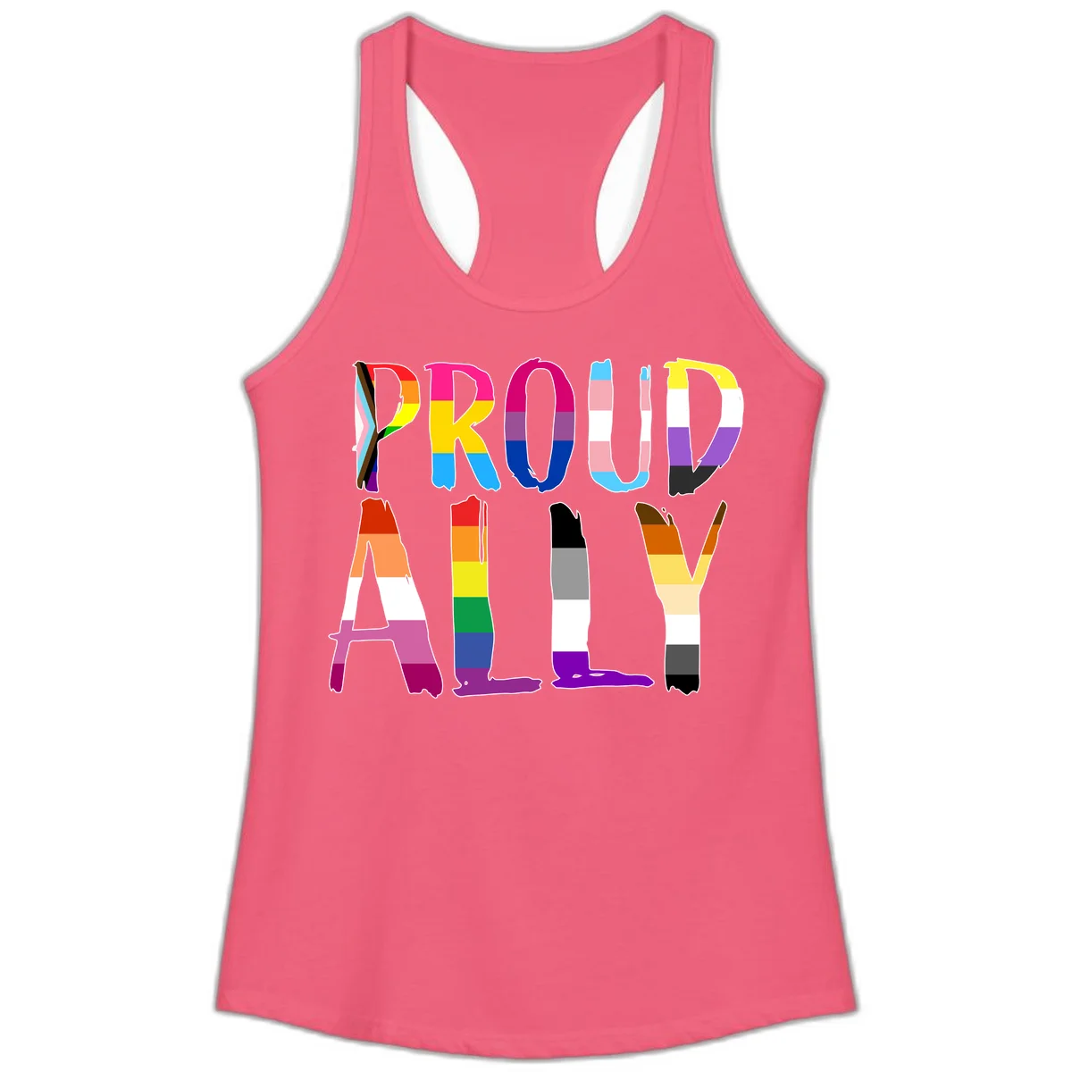 Colorful block letters spelling PROUD filled with rainbow pride flag stripes and patterns including trans and progress pride designs in Hot Pink