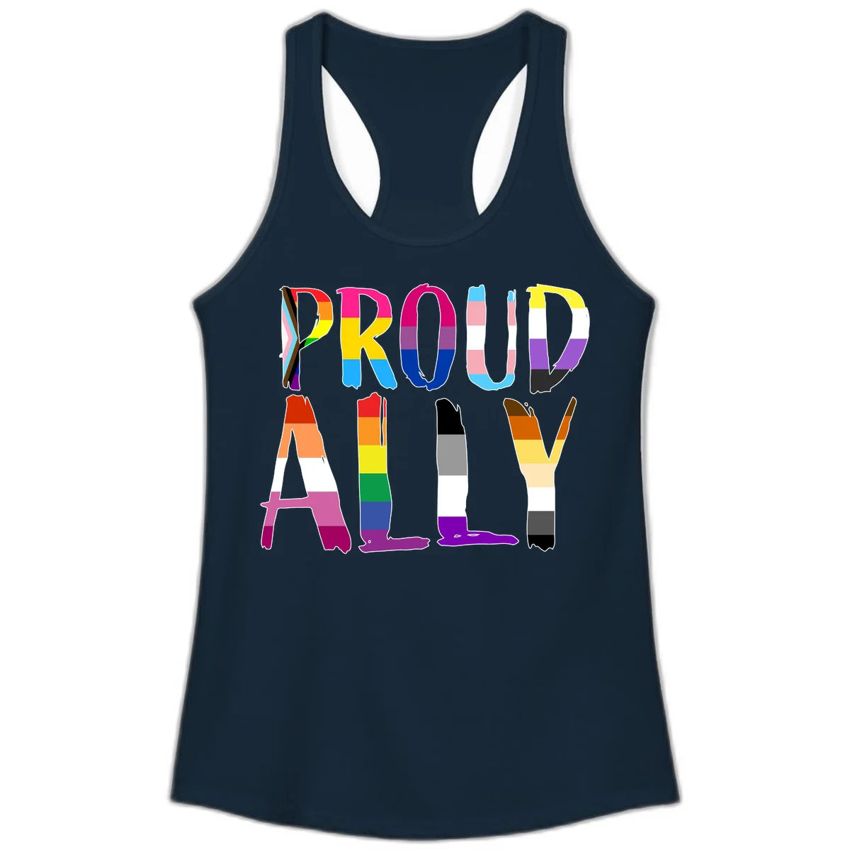 Colorful block letters spelling PROUD filled with rainbow pride flag stripes and patterns including trans and progress pride designs in Solid Midnight Navy