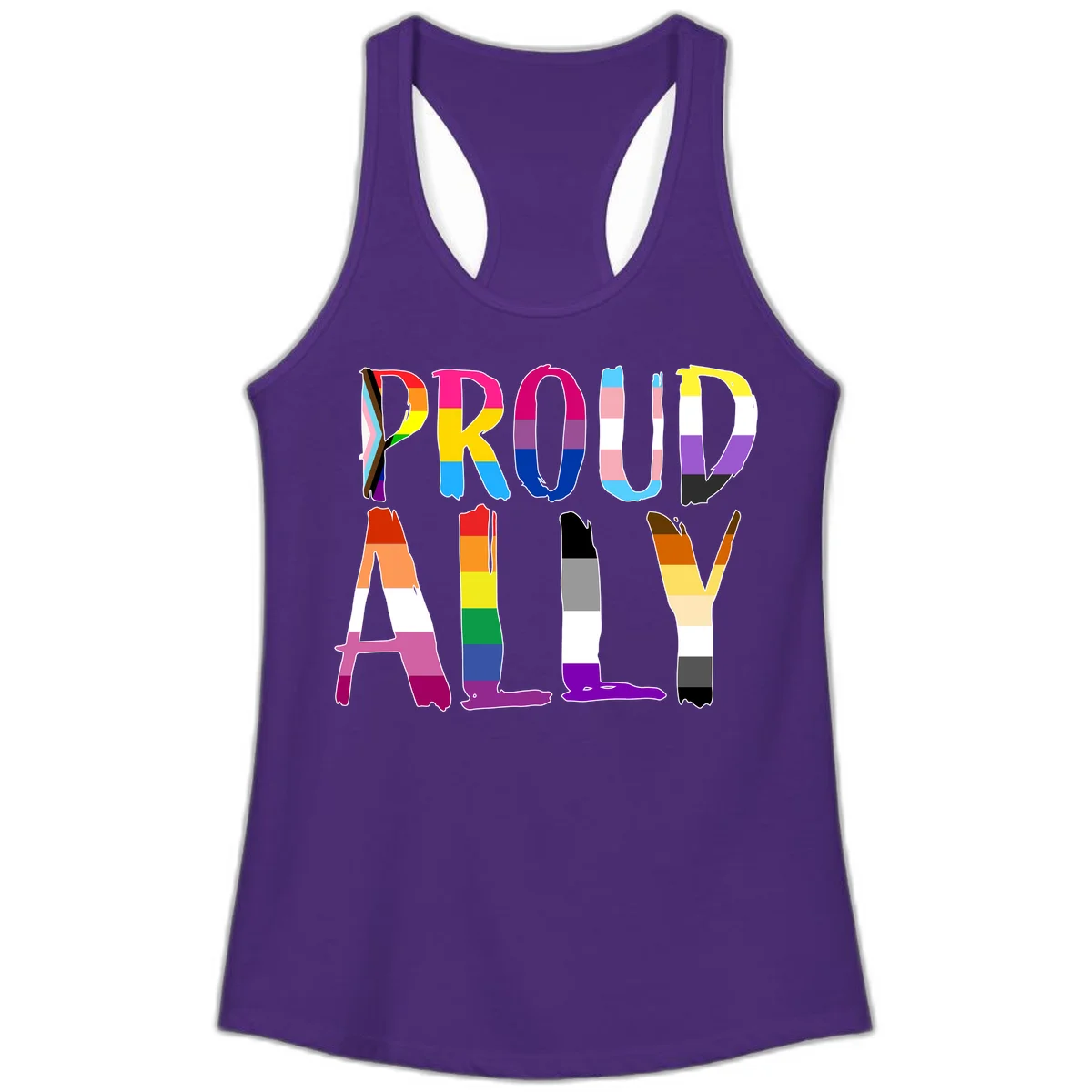 Colorful block letters spelling PROUD filled with rainbow pride flag stripes and patterns including trans and progress pride designs in Solid Purple Rush