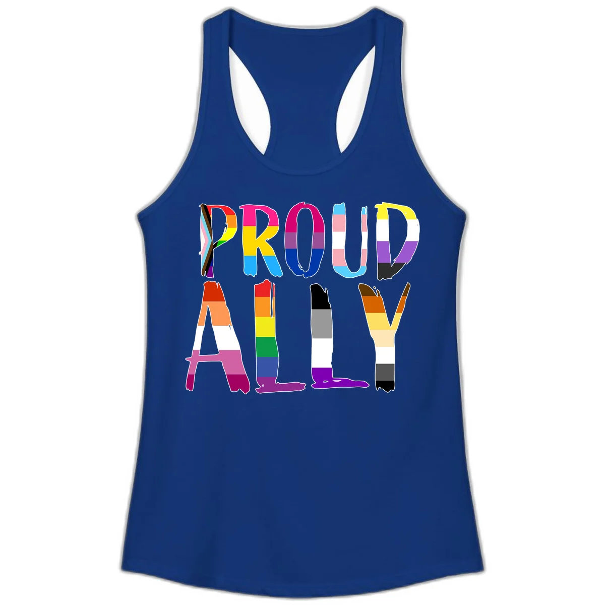 Colorful block letters spelling PROUD filled with rainbow pride flag stripes and patterns including trans and progress pride designs in Solid Royal