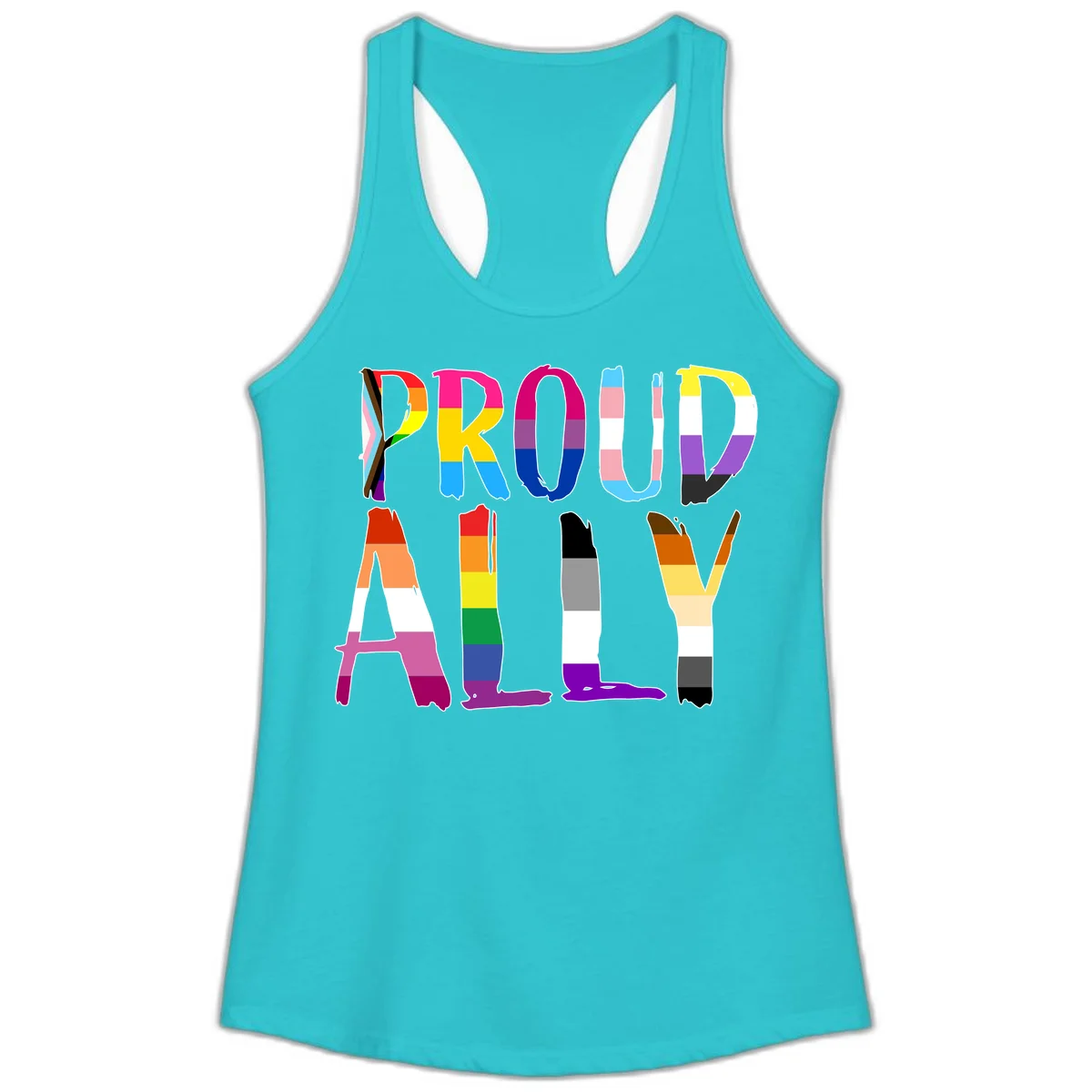 Colorful block letters spelling PROUD filled with rainbow pride flag stripes and patterns including trans and progress pride designs in Solid Tahiti Blue