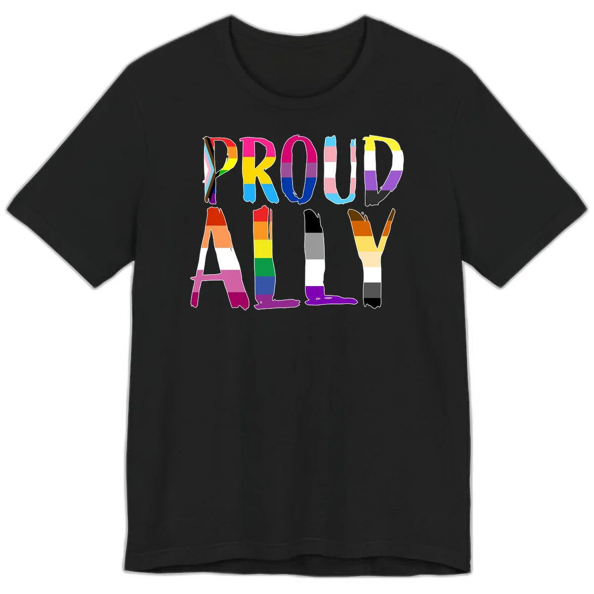 Colorful block letters spelling PROUD filled with rainbow pride flag stripes and patterns including trans and progress pride designs in Black