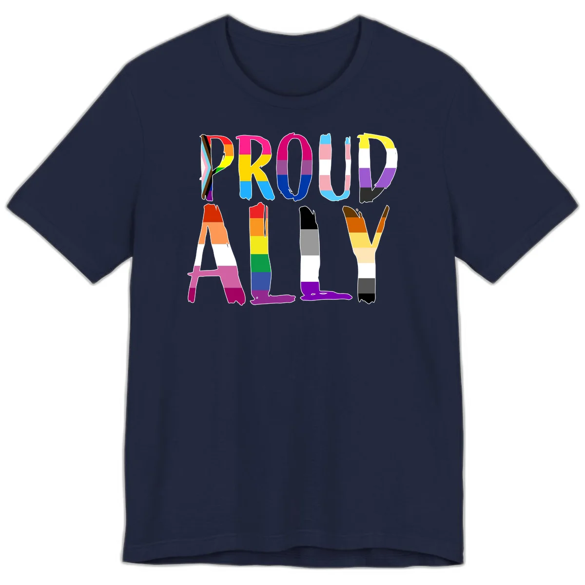 Colorful block letters spelling PROUD filled with rainbow pride flag stripes and patterns including trans and progress pride designs in Navy
