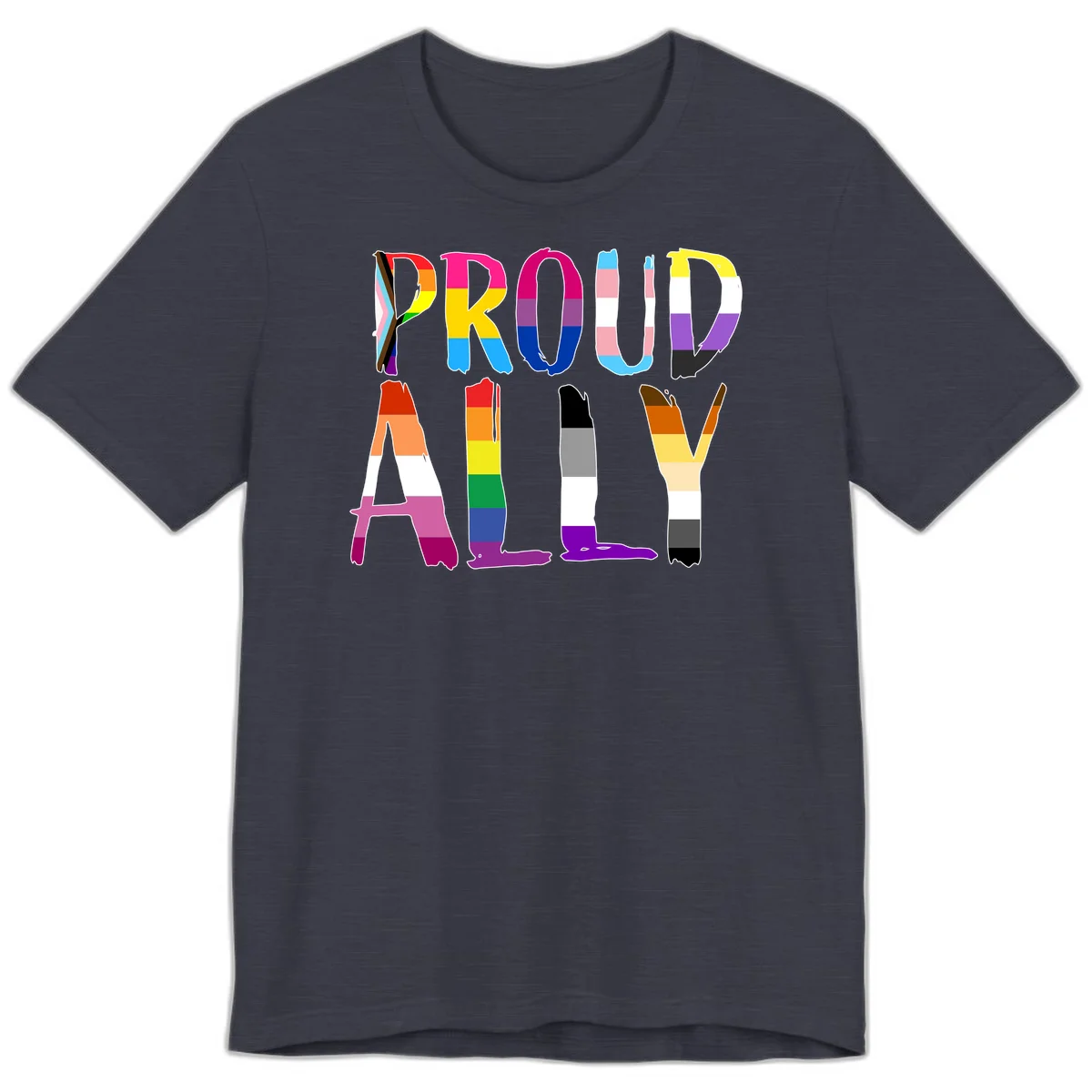 Colorful block letters spelling PROUD filled with rainbow pride flag stripes and patterns including trans and progress pride designs in Heather Midnight Navy
