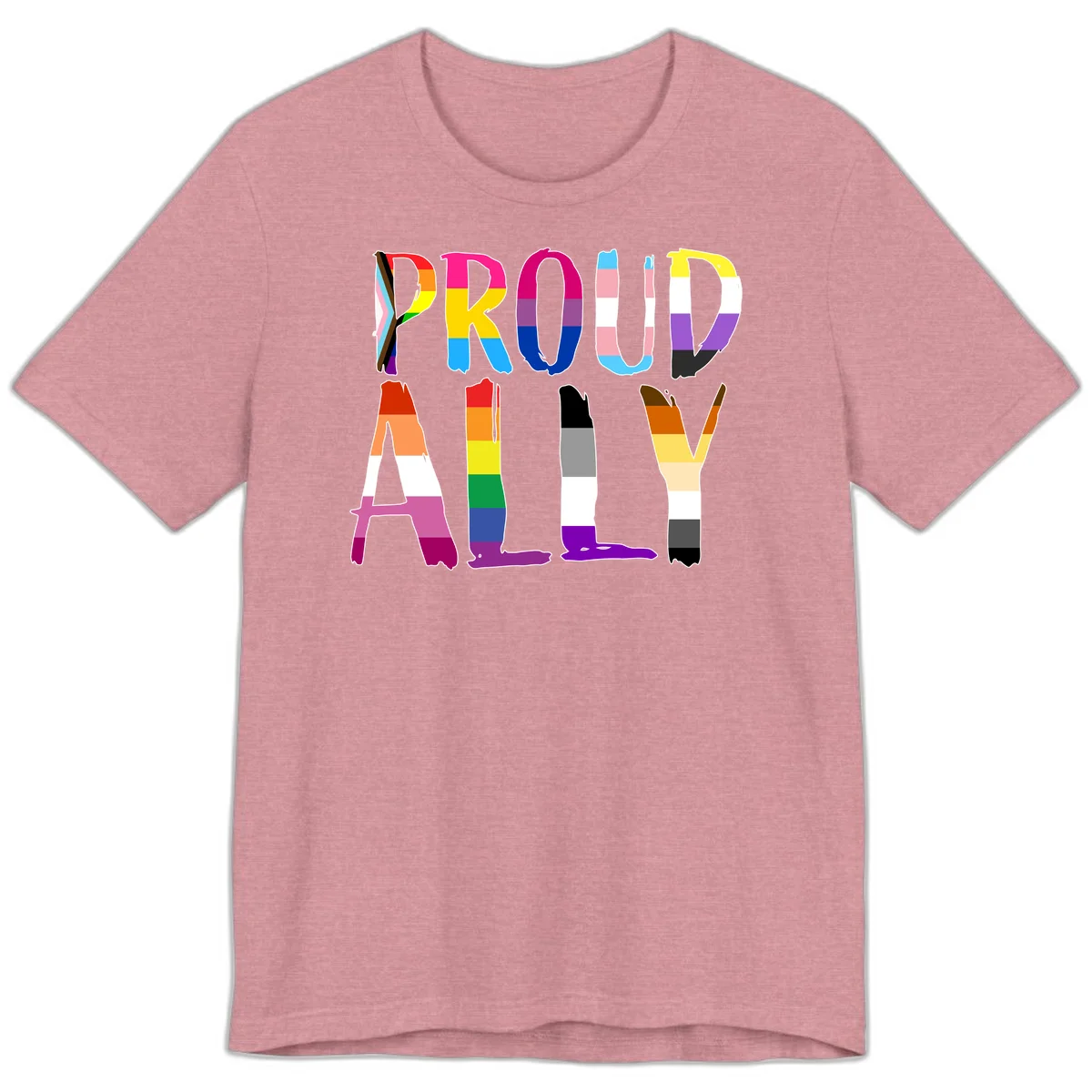 Colorful block letters spelling PROUD filled with rainbow pride flag stripes and patterns including trans and progress pride designs in Heather Orchid