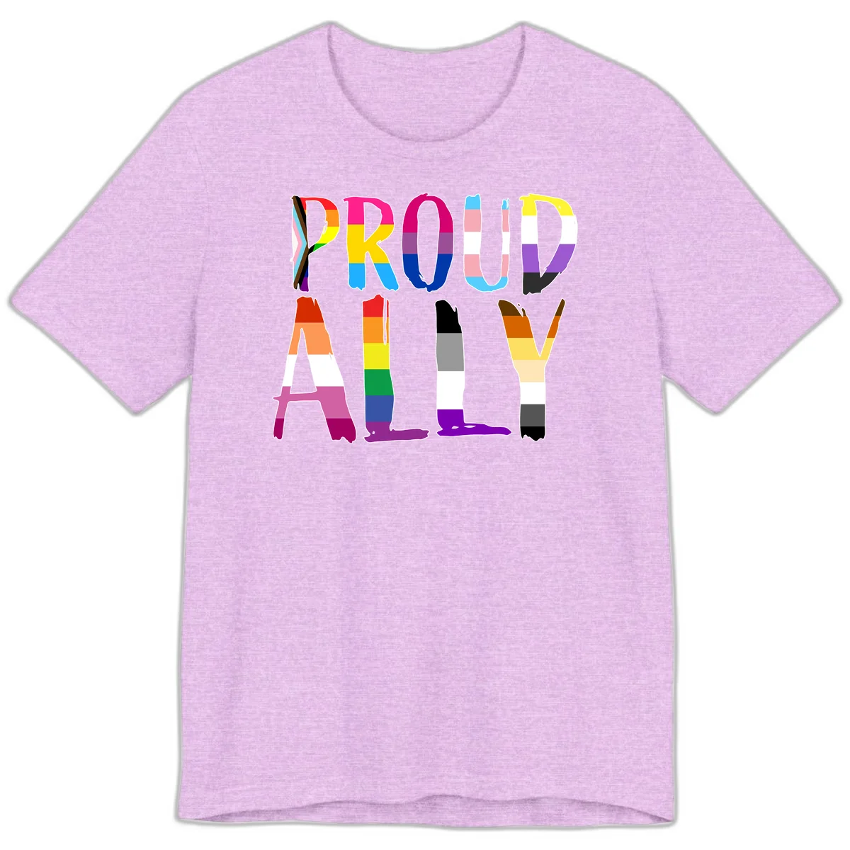 Colorful block letters spelling PROUD filled with rainbow pride flag stripes and patterns including trans and progress pride designs in Heather Prism Lilac