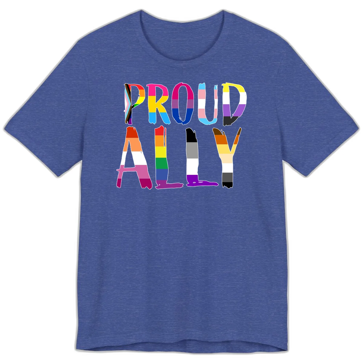 Colorful block letters spelling PROUD filled with rainbow pride flag stripes and patterns including trans and progress pride designs in Heather True Royal
