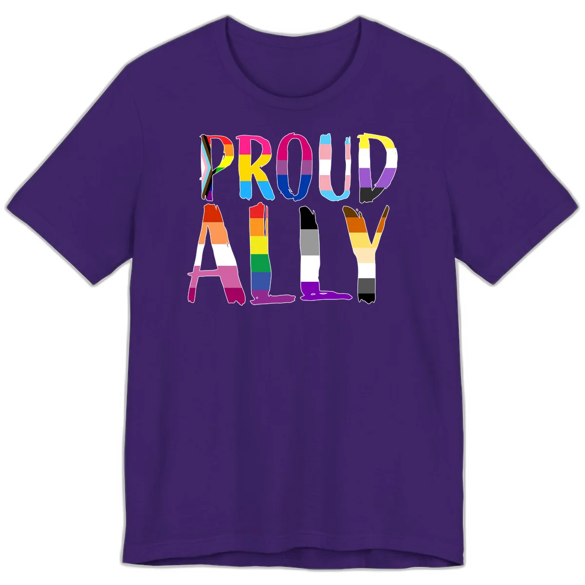 Colorful block letters spelling PROUD filled with rainbow pride flag stripes and patterns including trans and progress pride designs in Team Purple