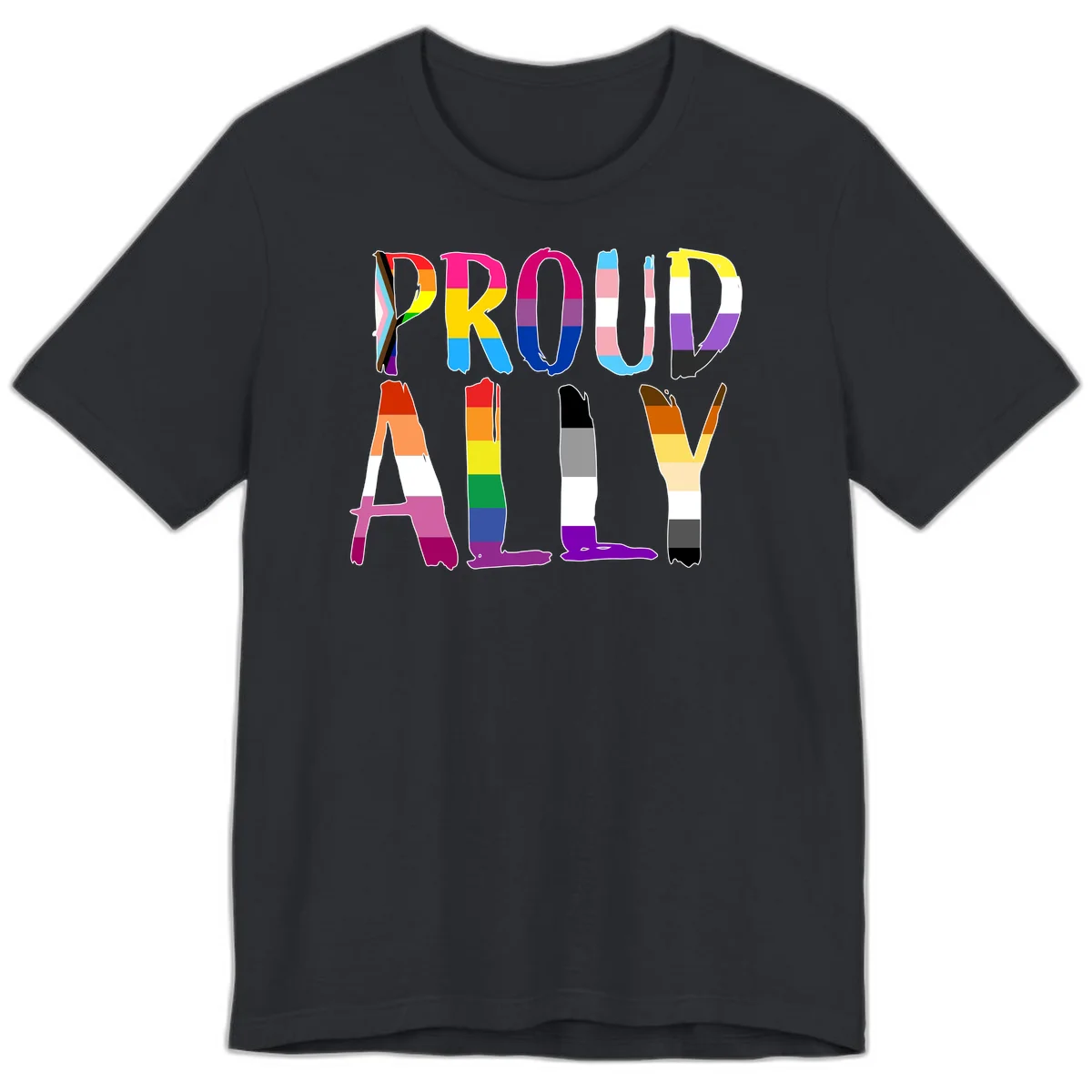 Colorful block letters spelling PROUD filled with rainbow pride flag stripes and patterns including trans and progress pride designs in Vintage Black