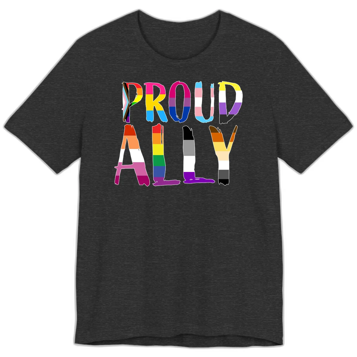 Colorful block letters spelling PROUD filled with rainbow pride flag stripes and patterns including trans and progress pride designs in Dark Grey Heather
