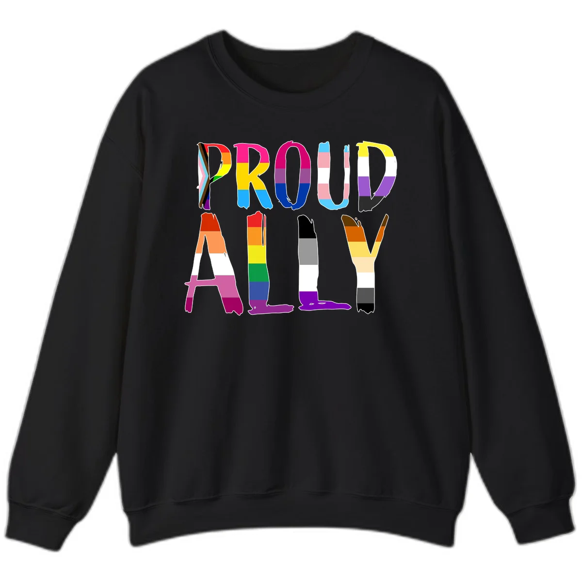 Colorful block letters spelling PROUD filled with rainbow pride flag stripes and patterns including trans and progress pride designs in Black