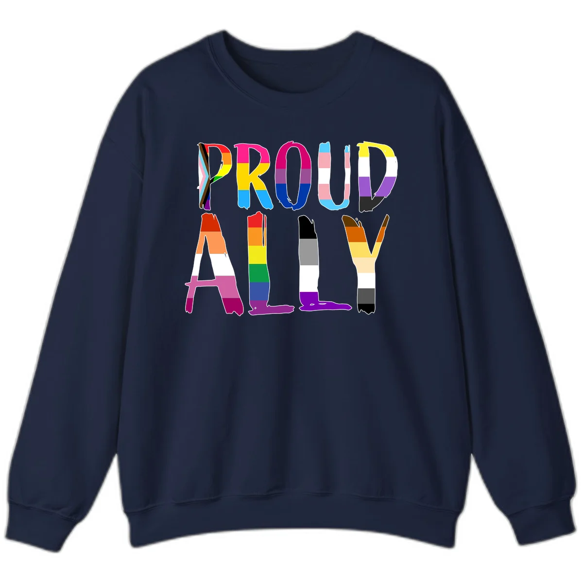 Colorful block letters spelling PROUD filled with rainbow pride flag stripes and patterns including trans and progress pride designs in Navy