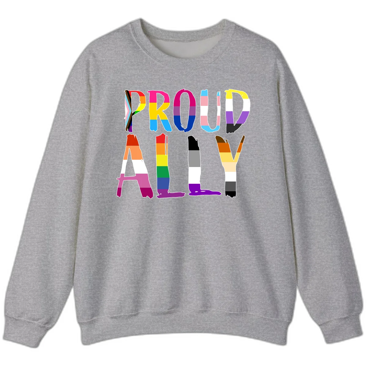 Colorful block letters spelling PROUD filled with rainbow pride flag stripes and patterns including trans and progress pride designs in Sport Grey