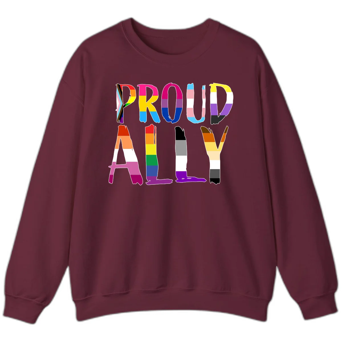 Colorful block letters spelling PROUD filled with rainbow pride flag stripes and patterns including trans and progress pride designs in Maroon