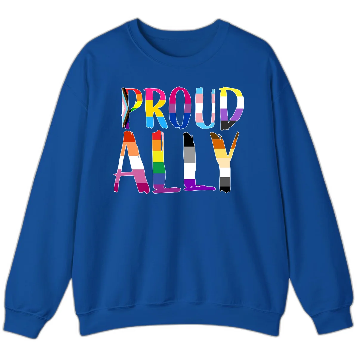 Colorful block letters spelling PROUD filled with rainbow pride flag stripes and patterns including trans and progress pride designs in Royal