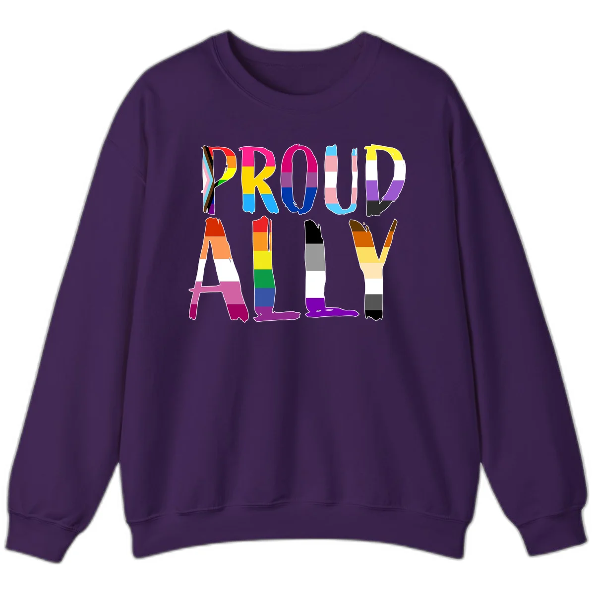 Colorful block letters spelling PROUD filled with rainbow pride flag stripes and patterns including trans and progress pride designs in Purple