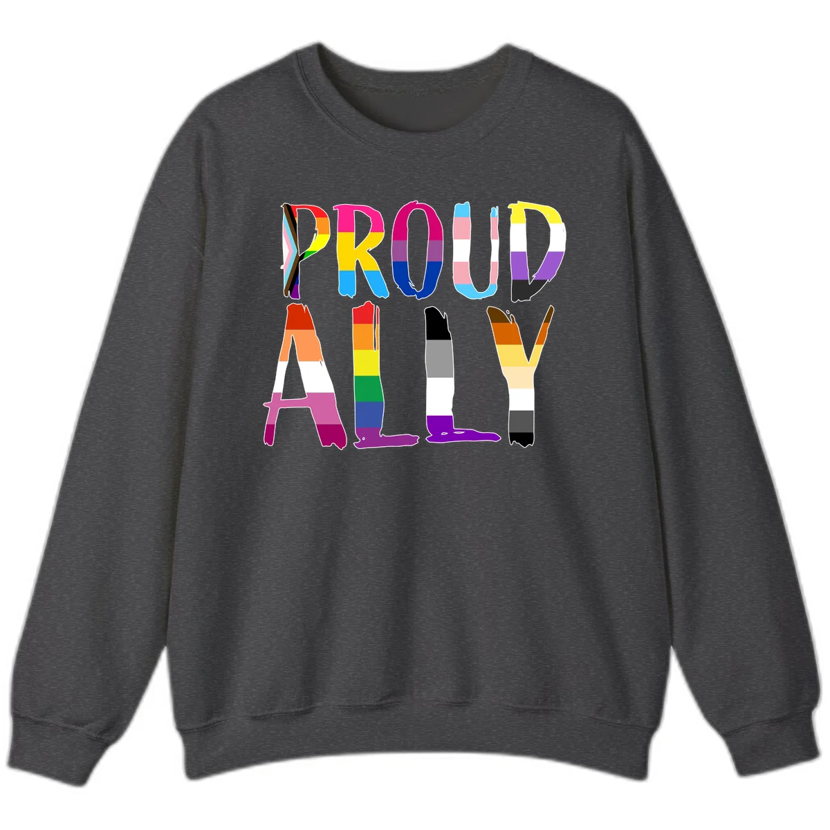 Colorful block letters spelling PROUD filled with rainbow pride flag stripes and patterns including trans and progress pride designs in Dark Heather