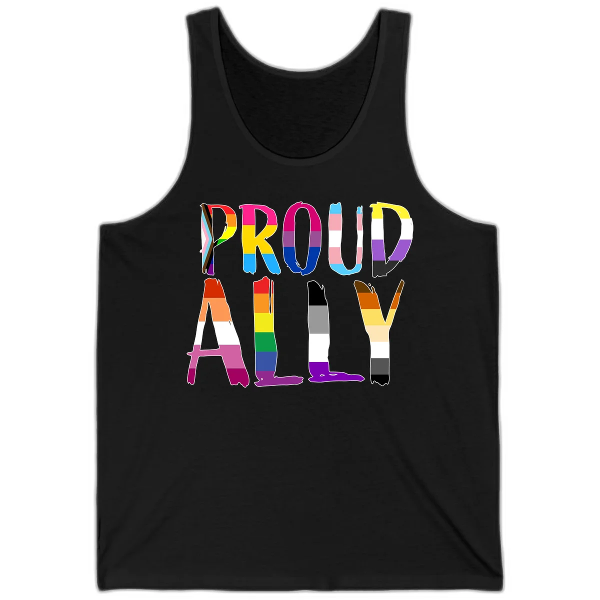 Colorful block letters spelling PROUD filled with rainbow pride flag stripes and patterns including trans and progress pride designs in Black