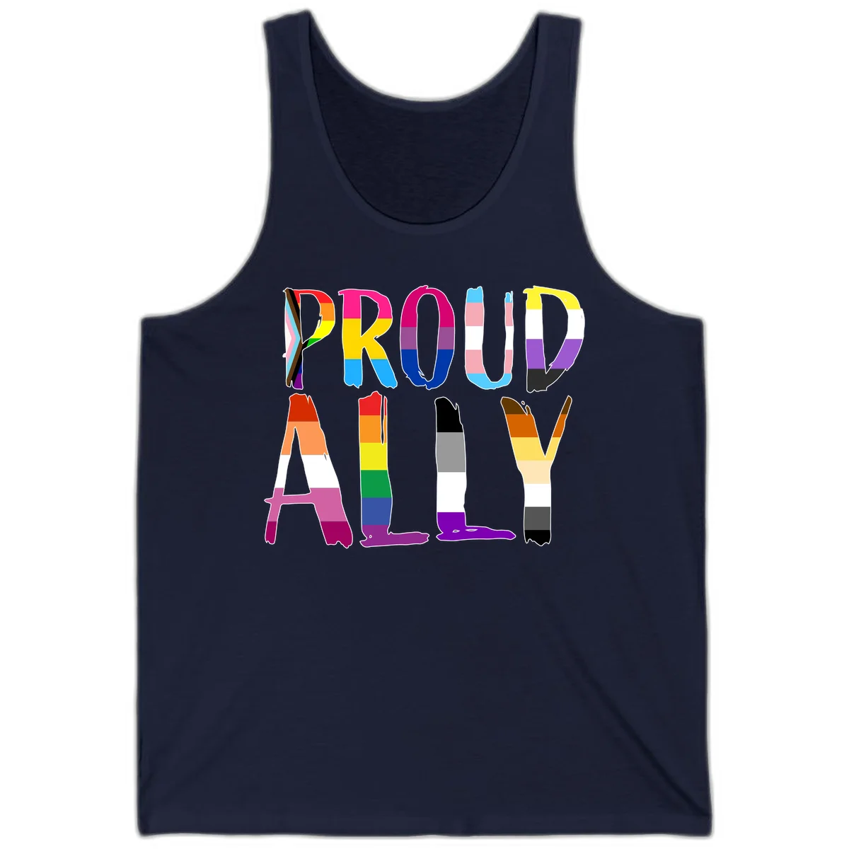Colorful block letters spelling PROUD filled with rainbow pride flag stripes and patterns including trans and progress pride designs in Navy