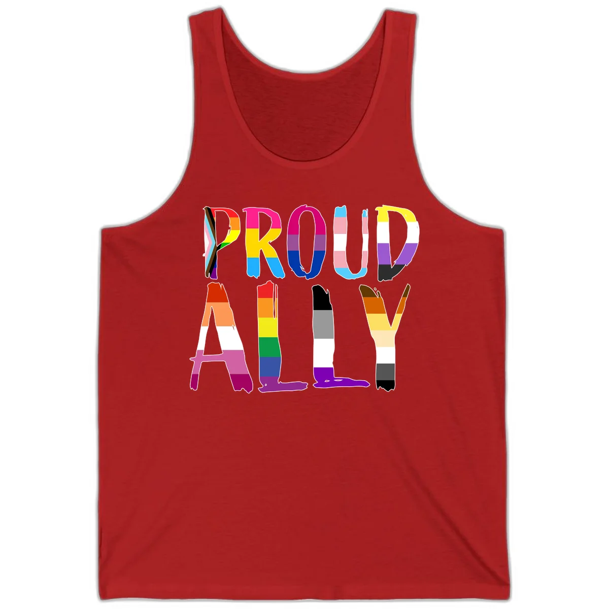 Colorful block letters spelling PROUD filled with rainbow pride flag stripes and patterns including trans and progress pride designs in Red