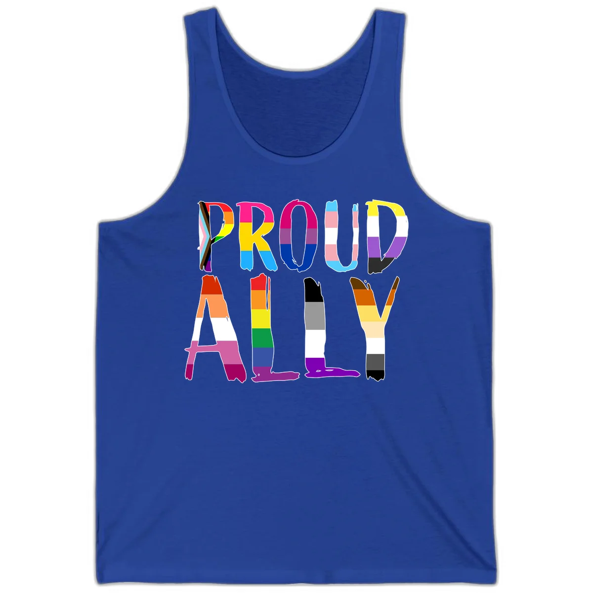 Colorful block letters spelling PROUD filled with rainbow pride flag stripes and patterns including trans and progress pride designs in True Royal