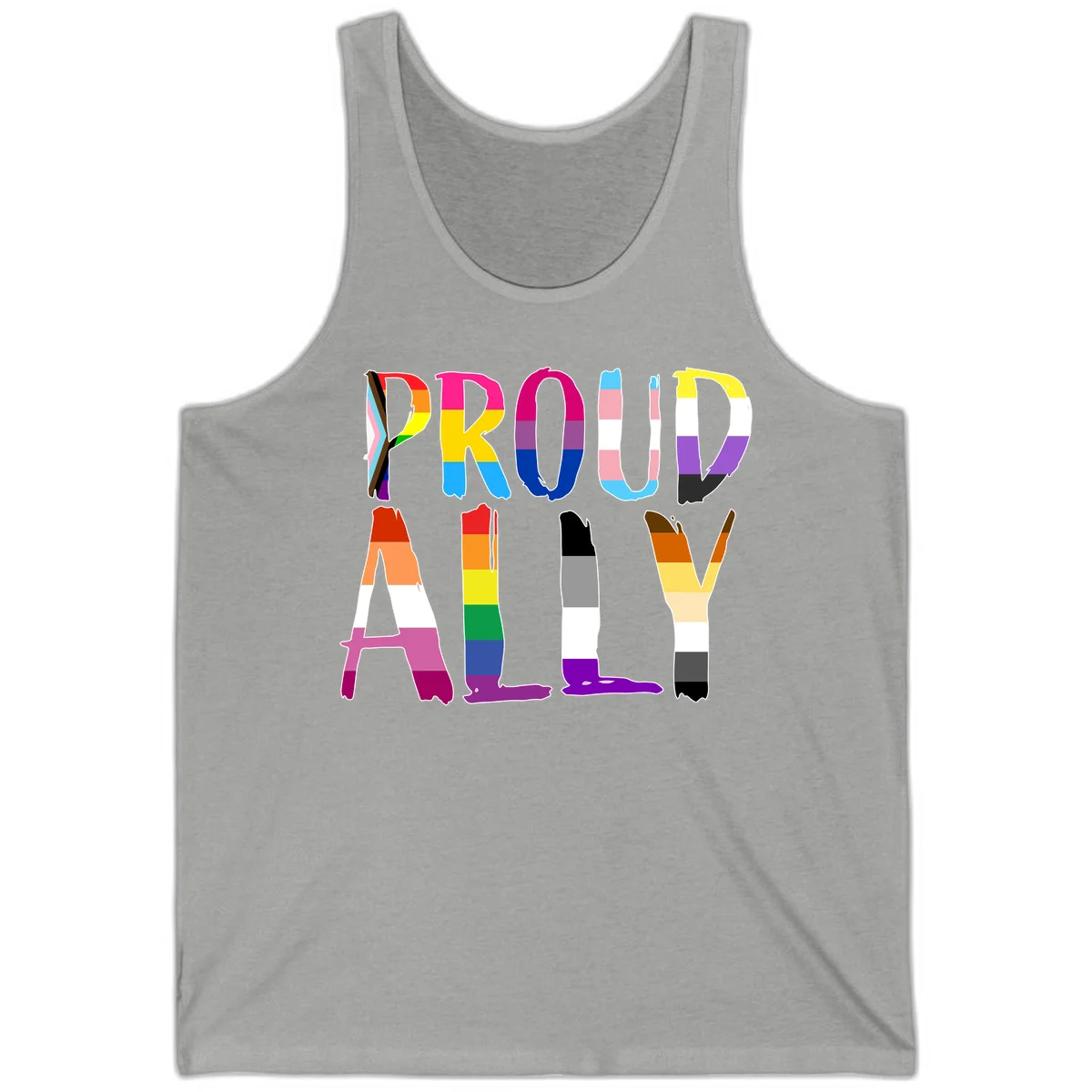 Colorful block letters spelling PROUD filled with rainbow pride flag stripes and patterns including trans and progress pride designs in Athletic Heather