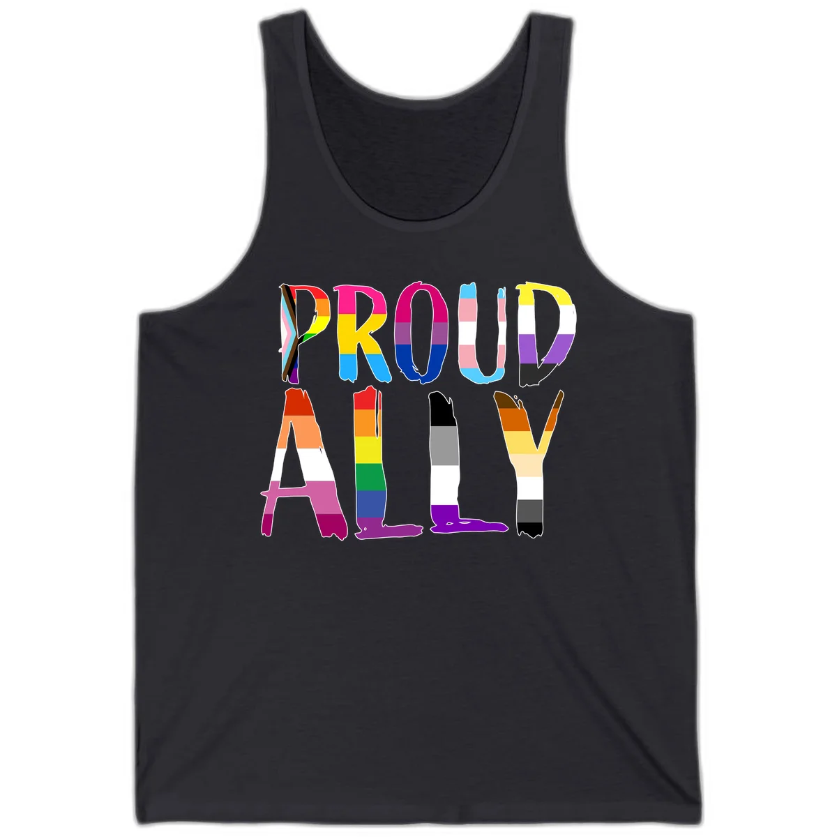 Colorful block letters spelling PROUD filled with rainbow pride flag stripes and patterns including trans and progress pride designs in Dark Grey