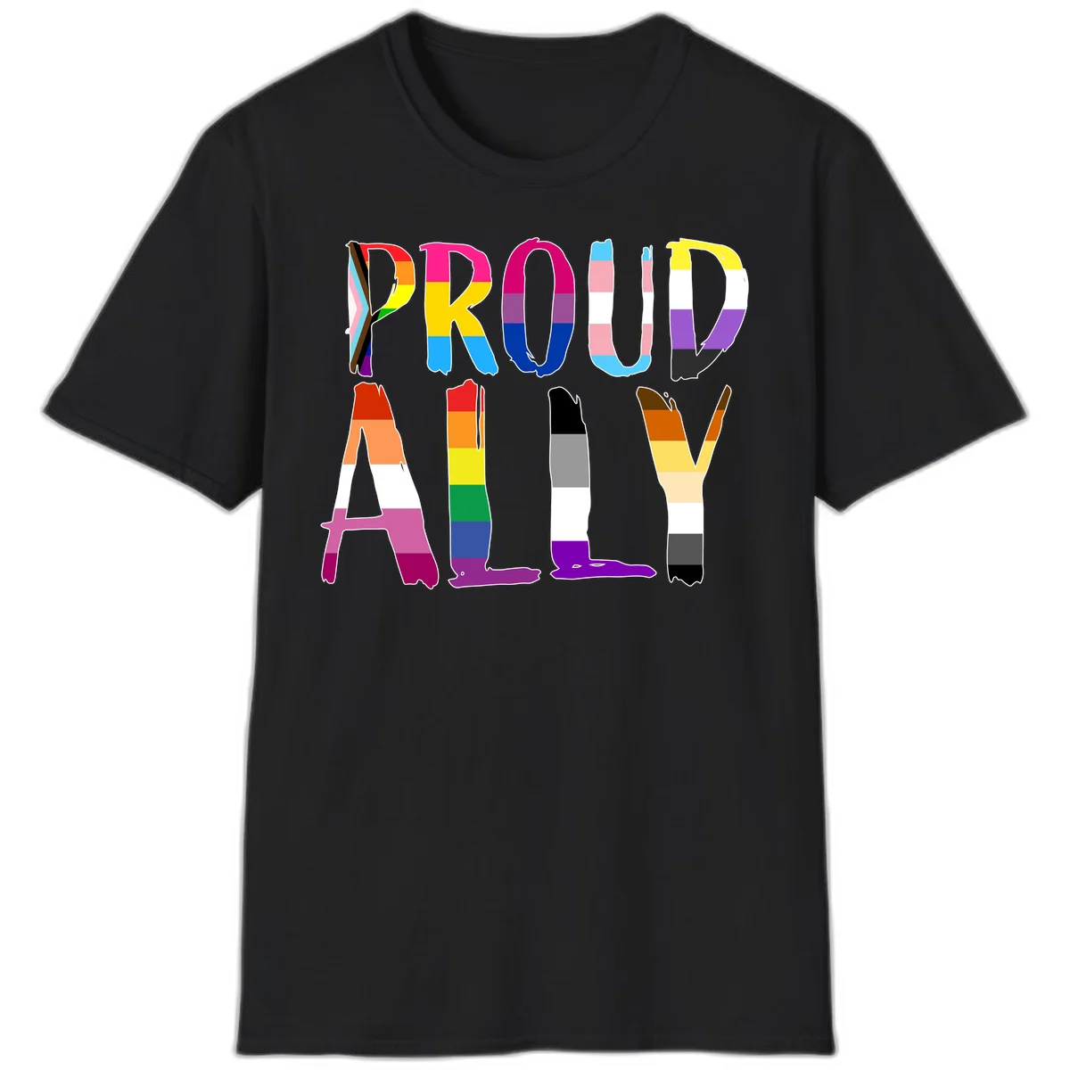Colorful block letters spelling PROUD filled with rainbow pride flag stripes and patterns including trans and progress pride designs in Black