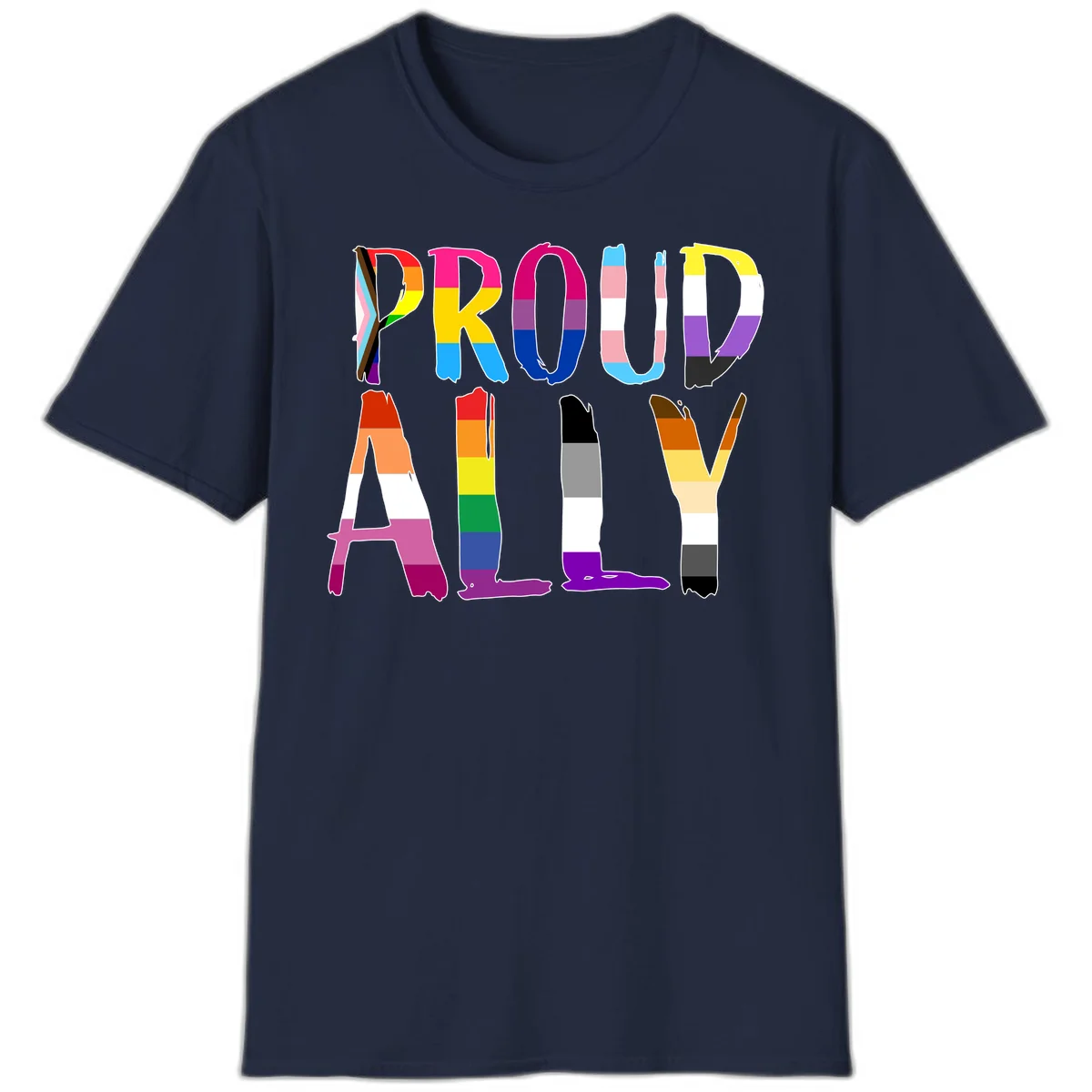 Colorful block letters spelling PROUD filled with rainbow pride flag stripes and patterns including trans and progress pride designs in Navy