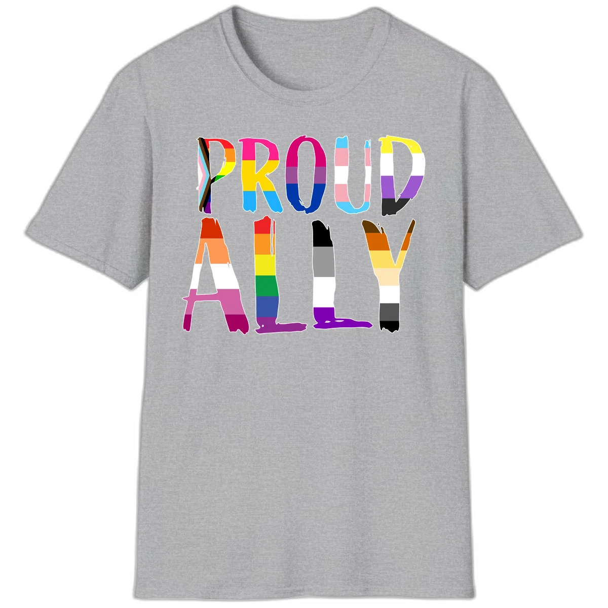 Colorful block letters spelling PROUD filled with rainbow pride flag stripes and patterns including trans and progress pride designs in Sport Grey