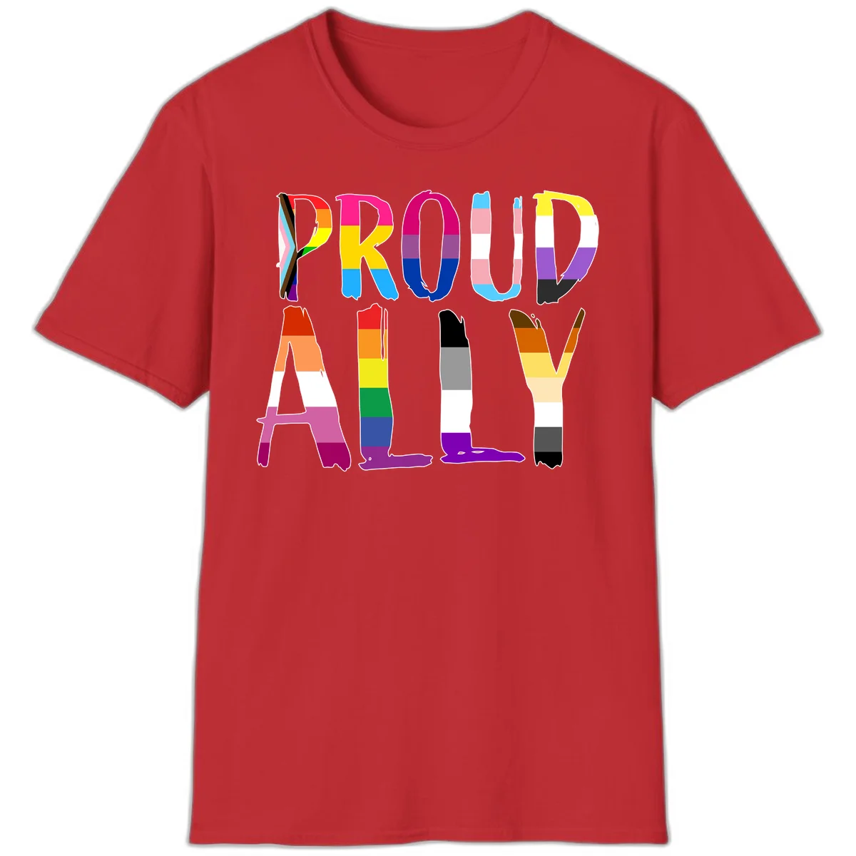 Colorful block letters spelling PROUD filled with rainbow pride flag stripes and patterns including trans and progress pride designs in Red
