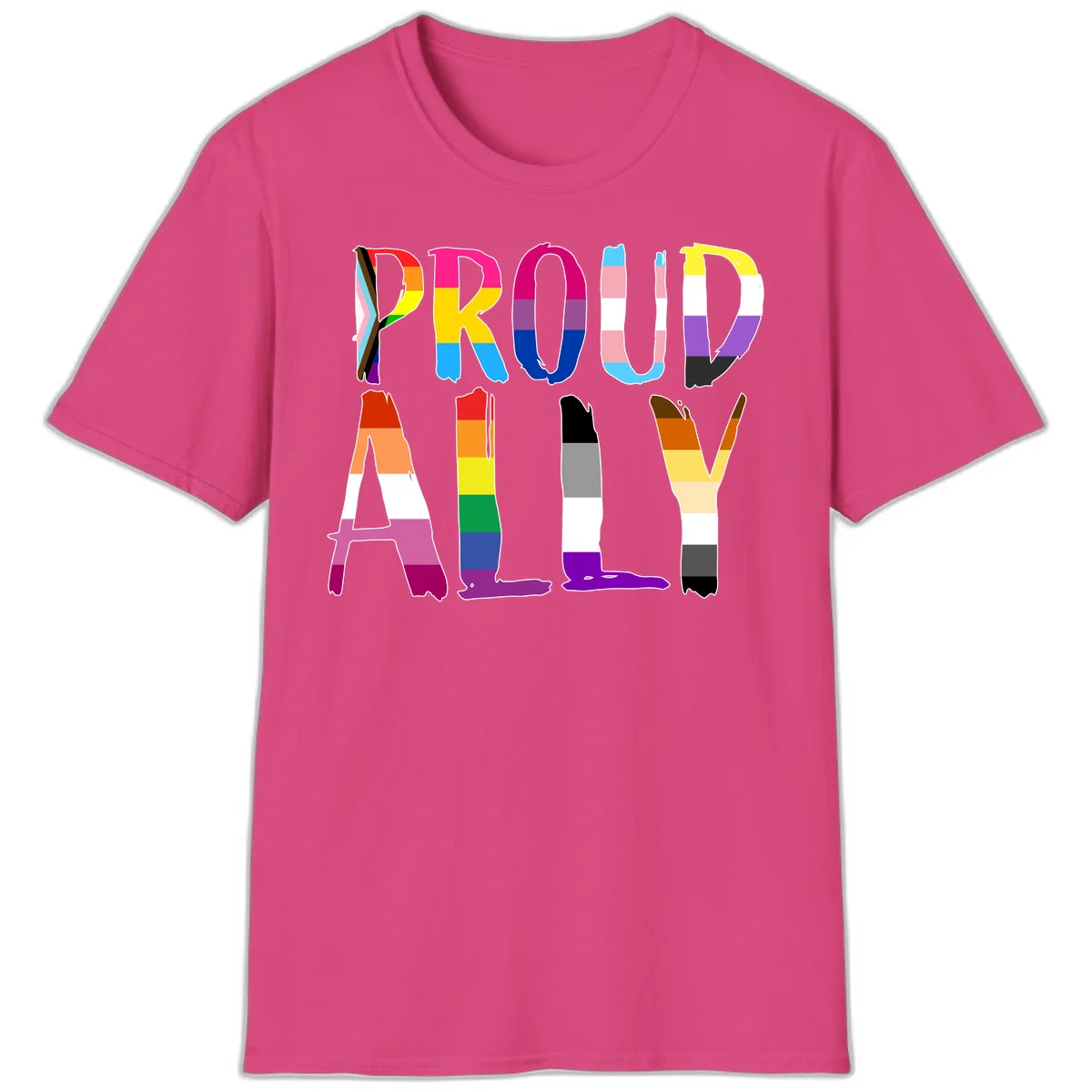 Colorful block letters spelling PROUD filled with rainbow pride flag stripes and patterns including trans and progress pride designs in Heliconia