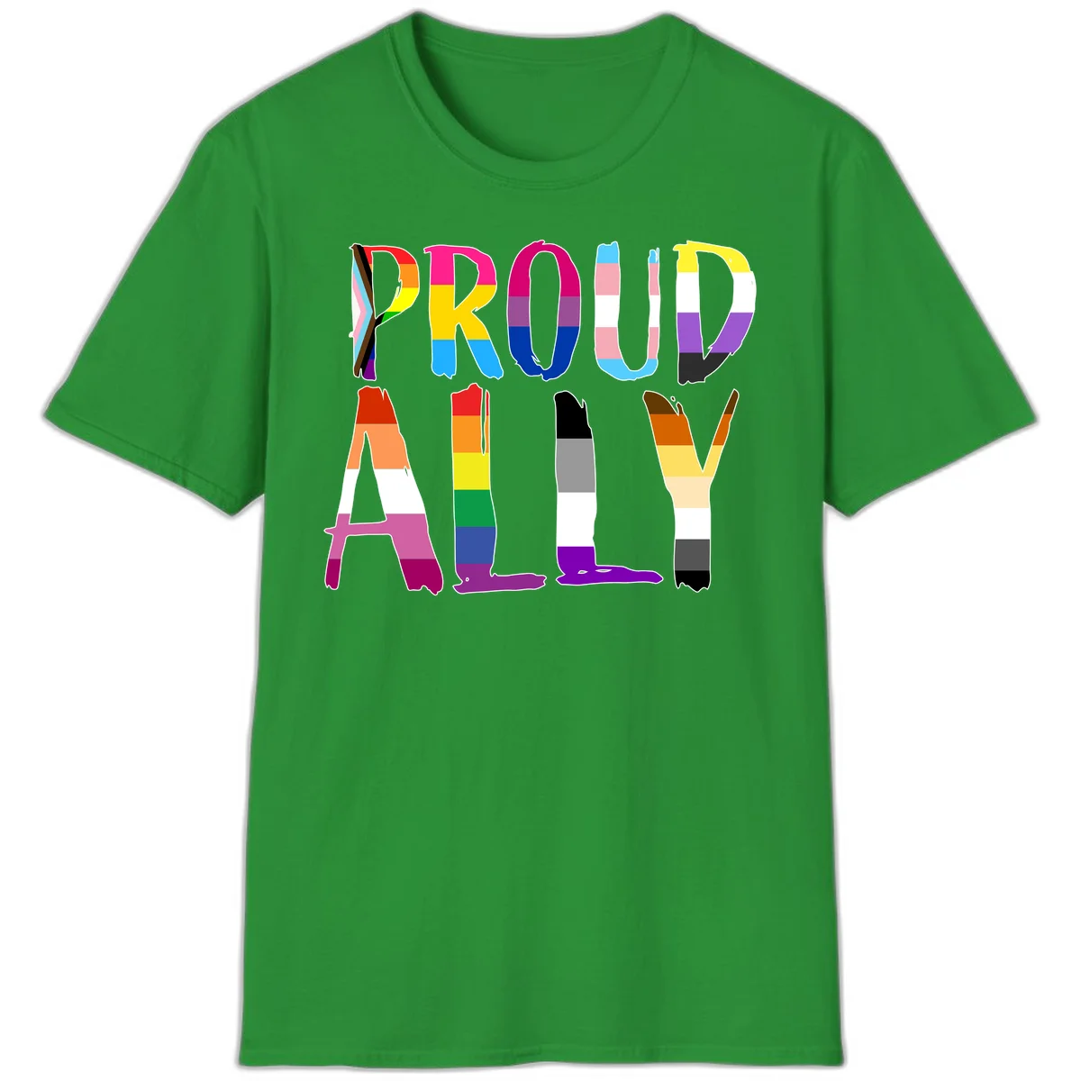 Colorful block letters spelling PROUD filled with rainbow pride flag stripes and patterns including trans and progress pride designs in Irish Green